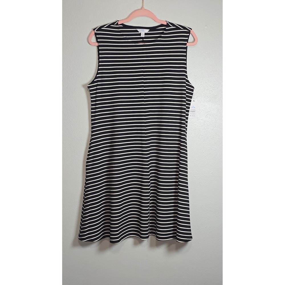 Time and Tru Womens Black White Striped Fit and Flare Dress Large 12-14 classic